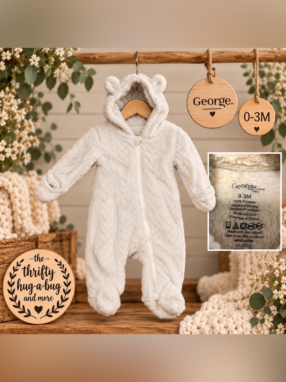 George Baby 0–3M Cream Plush Bear Ear Bunting Snowsuit